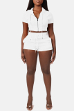 Casual Sportswear Zipper Short Sleeve Hooded Crop Tops And Shorts Two Pieces Shorts Sets