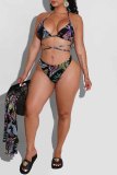 Sexy Tropical Print Lace Up See-Through Backless Bikini Sets Cover Up Ruffle Trim Pants Swimsuit Beach Vacation Three Piece Set