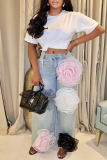 Casual Lace Flowers Shape Decor Mid Waist Straight Wide Leg Denim Jeans