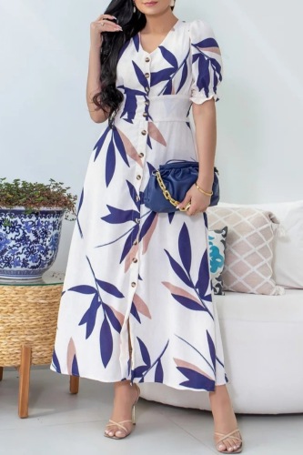 Casual Leaf Print V Neck Short Sleeve Buttons Long Cinch Waist Vacation A Line Maxi Dresses