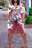 Casual Leopard Print V Neck Short Sleeve Baggy T-shirt Midi Dresses