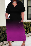 Casual Ombre Print V Neck Short Sleeves Pocket Plus Size Baggy Straight T Shirt Midi Dress