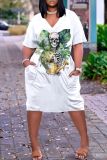 Casual Graphics Print V Neck Short Sleeve Baggy T-shirt Midi Dresses