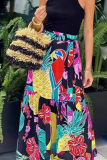 Casual Fruit Print High Waist Type A Lace Up Loose Ruffle Hem Vacation Maxi Skirt