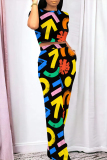 Casual Geometric Print O Neck Short Sleeve Pocket Crop T-shirt  And Straight Leg Pants Two Pieces Tourser Sets