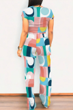 Casual Geometric Print O Neck Short Sleeve Pocket Crop T-shirt  And Straight Leg Pants Two Pieces Tourser Sets