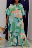 Casual Graphics Print Tie Neck Hubble-Bubble Sleeve Lace Up Ruffle Hem Baggy Floor Length Vacation Maxi Dresses