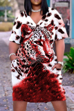 Casual Animal Print V Neck Short Sleeve Baggy T-shirt Midi Dresses