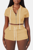 Casual Sportswear Zipper Short Sleeve Hooded Crop Tops And Shorts Two Pieces Shorts Sets