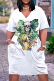 Casual Graphics Print V Neck Short Sleeve Baggy T-shirt Midi Dresses