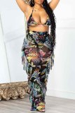 Sexy Tropical Print Lace Up See-Through Backless Bikini Sets Cover Up Ruffle Trim Pants Swimsuit Beach Vacation Three Piece Set
