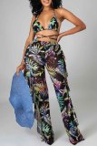 Sexy Tropical Print Lace Up See-Through Backless Bikini Sets Cover Up Ruffle Trim Pants Swimsuit Beach Vacation Three Piece Set
