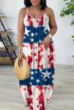 Sexy Flag Star Print Backless Spaghetti Strap Sleeveless Long Vacation Baggy Sundress Slip Maxi Dress