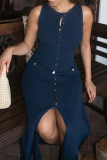 Casual O Neck Sleeveless Buckle Formal Business Wear Straight Slim Fit Maxi Dress
