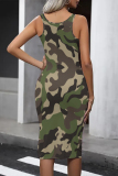 Casual Camouflage Print U Neck Sleeveless Bodycon Midi Tank Dresses