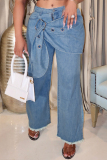 Casual Mid Waist Straight Raw Hem Wide Leg Denim Jeans