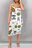 Casual Rainbow Color Graffiti Print U Neck Sleeveless Bodycon Midi Tank Dresses