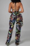 Sexy Tropical Print Lace Up See-Through Backless Bikini Sets Cover Up Ruffle Trim Pants Swimsuit Beach Vacation Three Piece Set