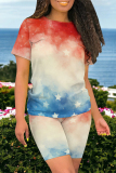 Casual Ombre Flag Star Print O Neck Short Sleeve Oversize T-shirt Tops And Shorts Two Pieces Shorts Sets