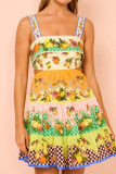 Casual Fruit Print Backless Spaghetti Strap Sleeveless Bow Tie Tiered Ruffle Hem Hollow Out Lace Up Vacation Party Cami Mini Dresses