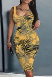 Casual Floral Print Sleeveless U Neck Vest Bodycon Midi Tank Dresses