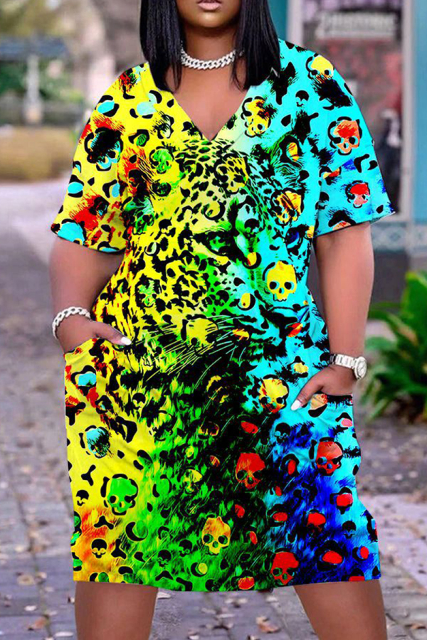 Casual Leopard Print V Neck Short Sleeve Baggy T-shirt Midi Dresses