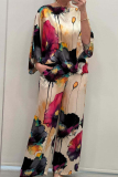 Casual Floral Print O Neck Batwing Sleeve Three Quarter Tops And Wide Leg Pants Vacation Two Pieces Tourser Sets