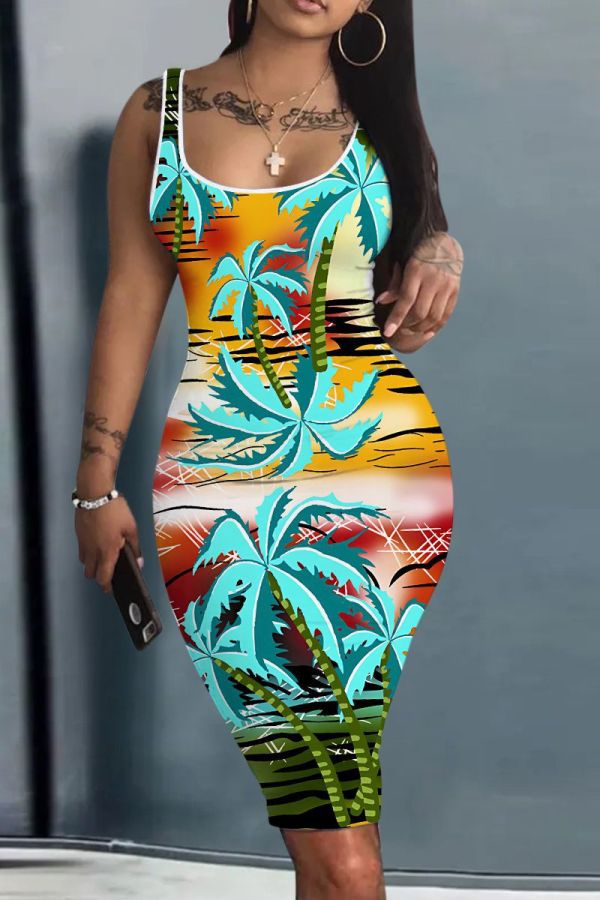 Casual Tropical Plants Print Basic Vest Bodycon Midi Tank Dresses