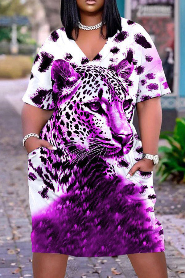 Casual Animal Print V Neck Short Sleeve Baggy T-shirt Midi Dresses