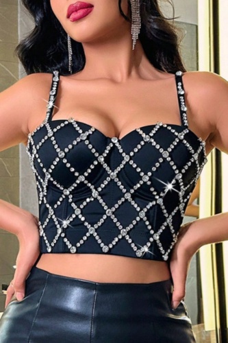 Sexy Rhombus Hot Drill Decor Backless Spaghetti Strap Cami Crop Tops