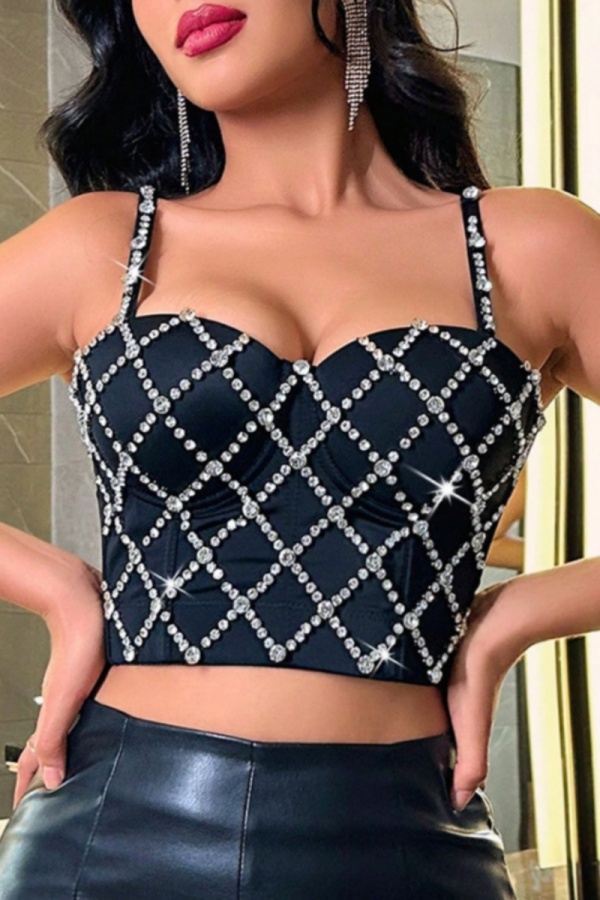 Sexy Rhombus Hot Drill Decor Backless Spaghetti Strap Cami Crop Tops