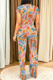 Casual Graffiti Print Pocket O Neck Short Sleeve Crop T-shirt  And Straight Leg Pants Two Pieces Tourser Sets