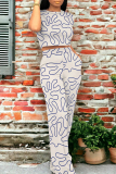 Casual Geometric Print O Neck Short Sleeve Pocket Crop T-shirt  And Straight Leg Pants Two Pieces Tourser Sets