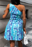 Casual Tie Dye Print Backless Oblique Collar Sleeveless One Shoulder Hollow Out Vacation Mini Dresses