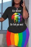 Casual Rainbow Color Print Basic O Neck Short Sleeve Oversize T-shirt And Shorts Two Pieces Shorts Sets