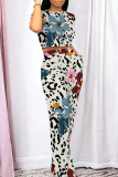 Casual Geometric Print O Neck Short Sleeve Crop T-shirt  And Straight Leg Pants Two Pieces Tourser Sets
