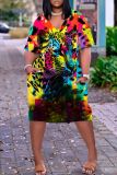 Casual Leopard Print V Neck Short Sleeve Baggy T-shirt Midi Dresses