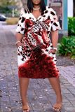 Casual Animal Print V Neck Short Sleeve Baggy T-shirt Midi Dresses