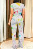 Casual Geometric Print O Neck Short Sleeve Pocket Crop T-shirt  And Straight Leg Pants Two Pieces Tourser Sets