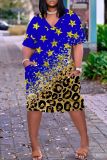 Casual Flag Star Print V Neck Short Sleeve Baggy T-shirt Midi Dresses