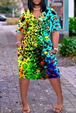 Casual Leopard Print V Neck Short Sleeve Baggy T-shirt Midi Dresses