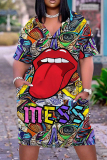 Casual Lips Print Basic V Neck Short Sleeve Baggy T-shirt Midi Dresses