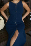 Casual O Neck Sleeveless Buckle Formal Business Wear Straight Slim Fit Maxi Dress