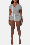 Casual Sportswear Zipper Short Sleeve Hooded Crop Tops And Shorts Two Pieces Shorts Sets