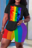 Casual Flag Star Print Basic O Neck Short Sleeve Oversize T-shirt And Shorts Two Pieces Shorts Sets