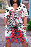 Casual Leopard Print V Neck Short Sleeve Baggy T-shirt Midi Dresses