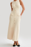 Casual O Neck Sleeveless Buckle Formal Business Wear Straight Slim Fit Maxi Dress