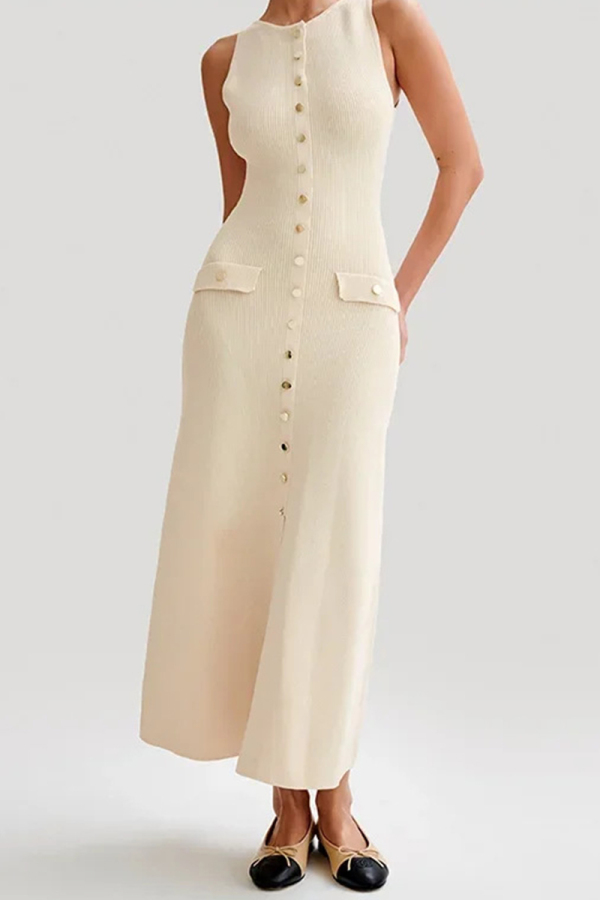 Casual O Neck Sleeveless Buckle Formal Business Wear Straight Slim Fit Maxi Dress