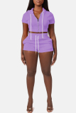 Casual Sportswear Zipper Short Sleeve Hooded Crop Tops And Shorts Two Pieces Shorts Sets