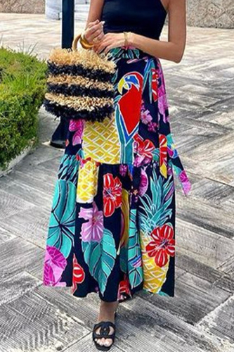 Casual Fruit Print High Waist Type A Lace Up Loose Ruffle Hem Vacation Maxi Skirt